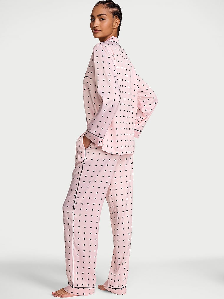 Signature Satin Long Pajama Set - Angel Pink & Black Dots