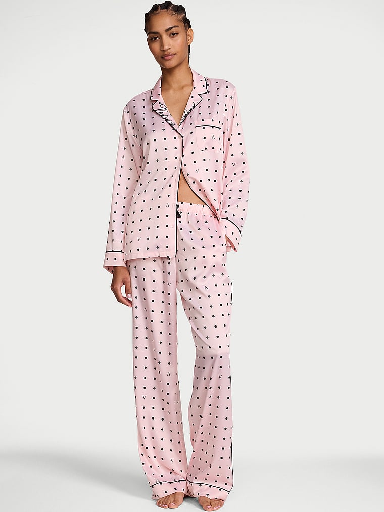 Signature Satin Long Pajama Set - Angel Pink & Black Dots