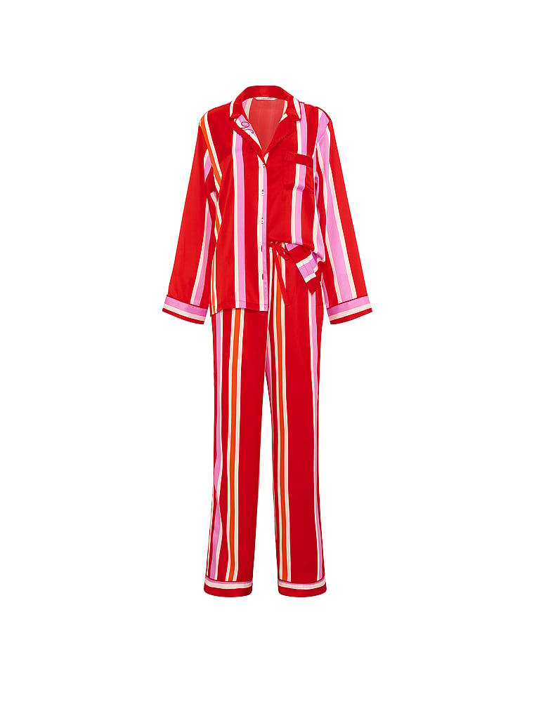 Signature Satin Long Pajama Set - Kiss Kiss Red Mixed Stripes
