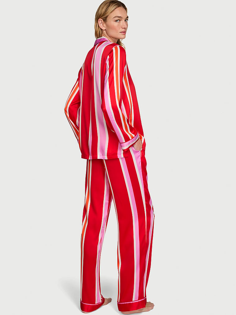 Signature Satin Long Pajama Set - Kiss Kiss Red Mixed Stripes