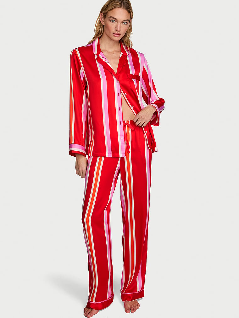 Signature Satin Long Pajama Set - Kiss Kiss Red Mixed Stripes