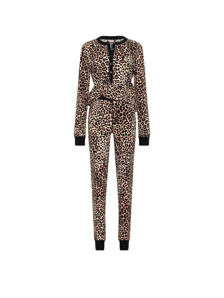 Waffle Knit Henley Long Pajama Set - Leopard