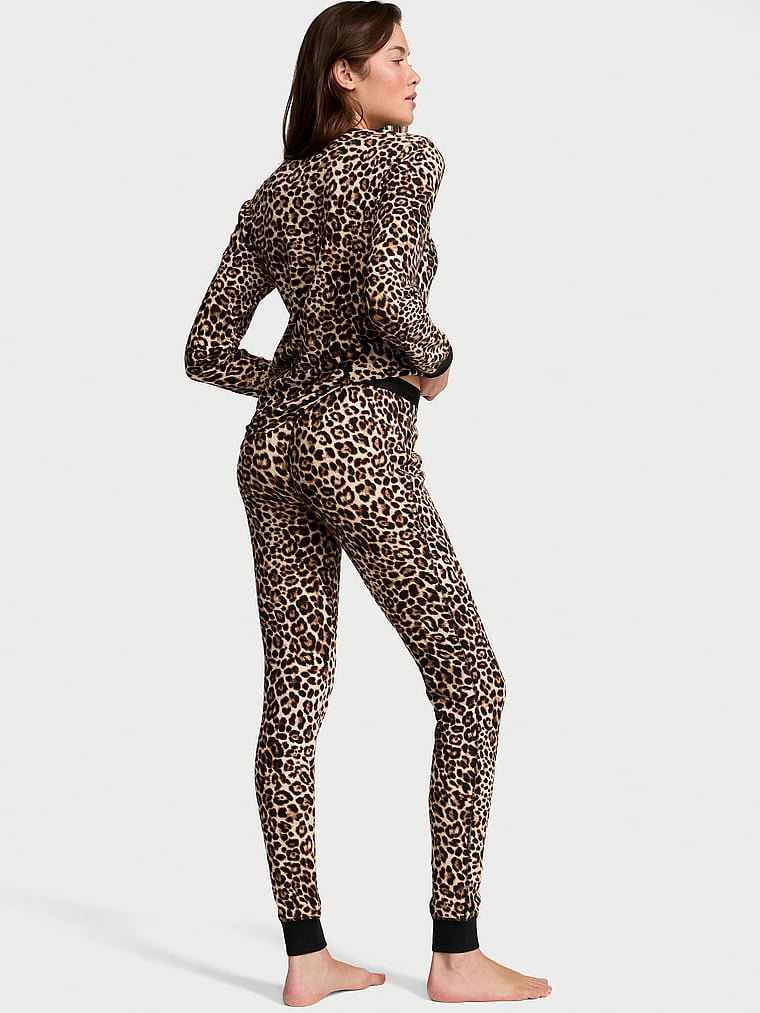 Waffle Knit Henley Long Pajama Set - Leopard