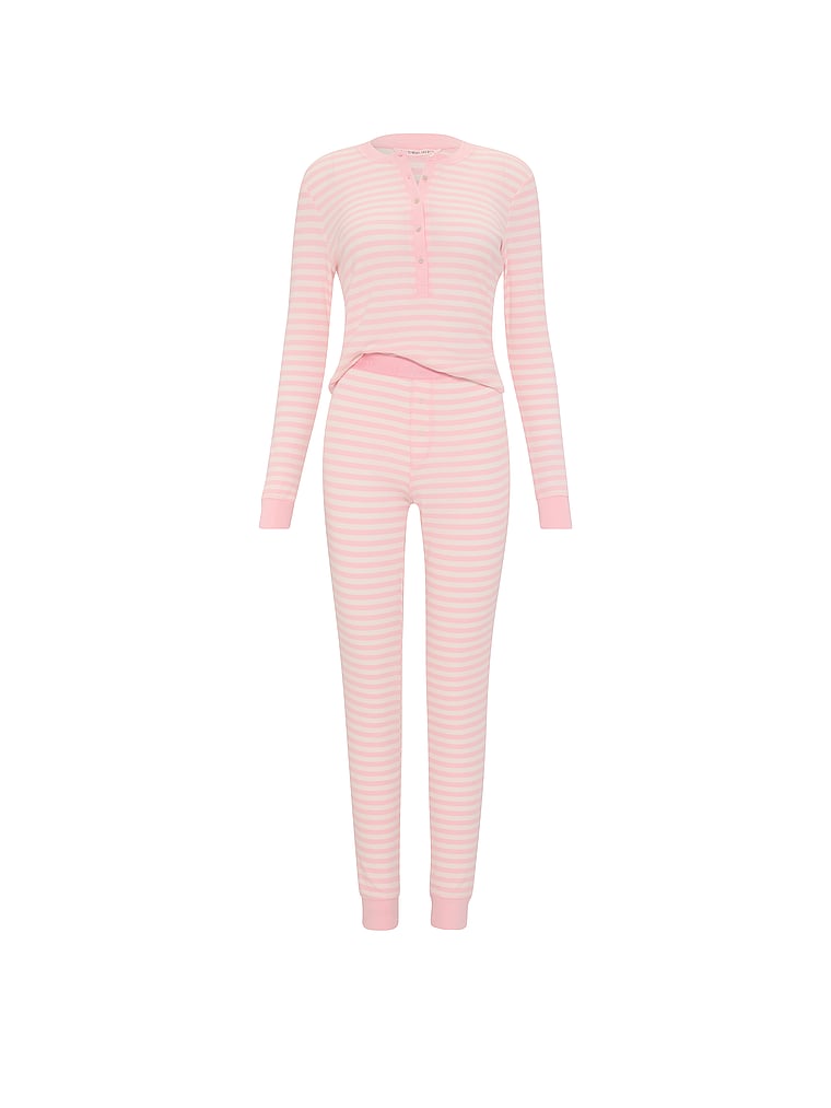 Waffle Knit Henley Long Pajama Set - Pretty Blossom Stripes