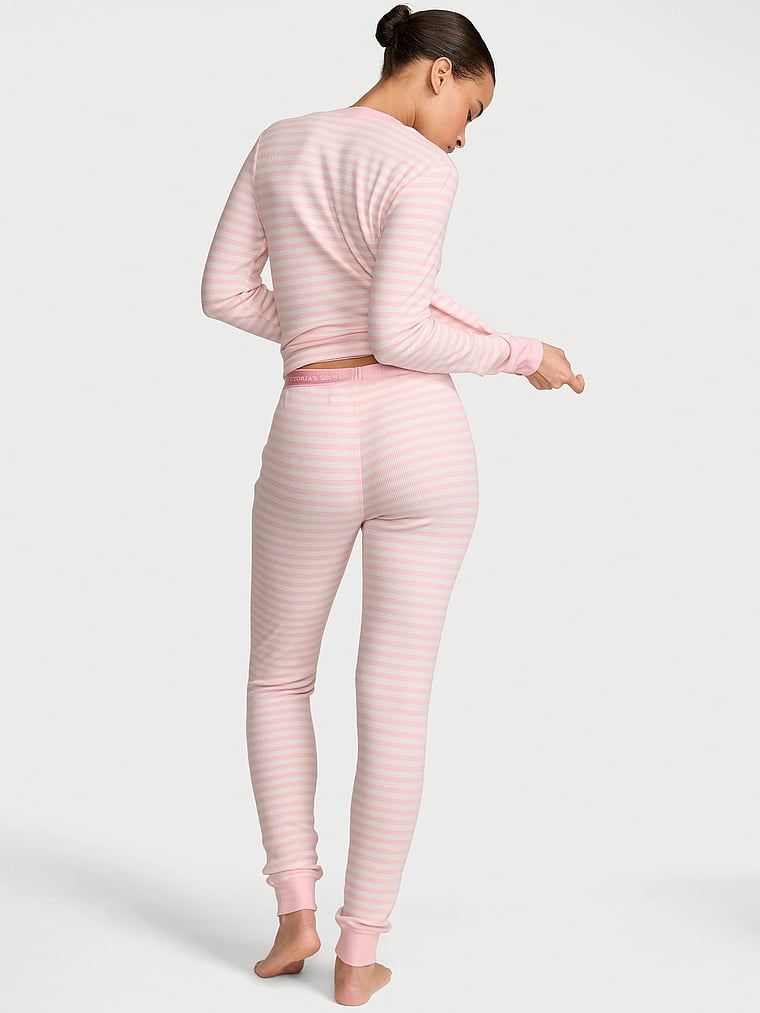 Waffle Knit Henley Long Pajama Set - Pretty Blossom Stripes