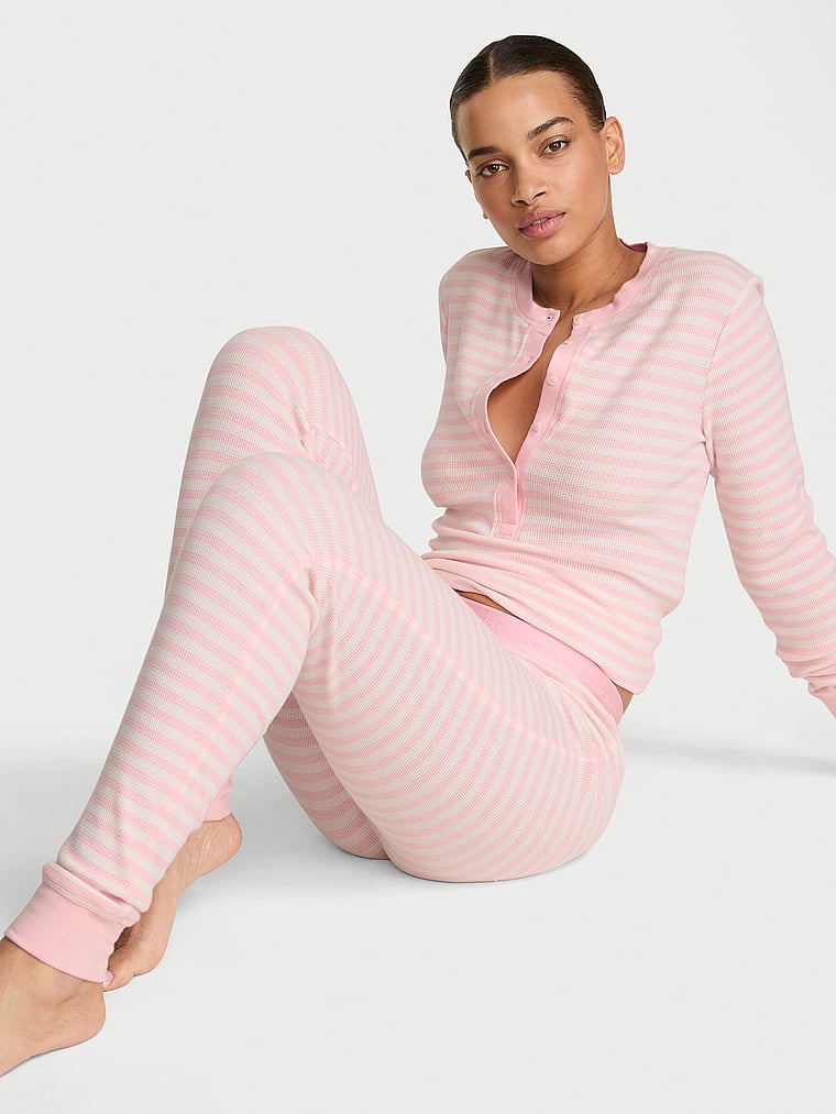 Waffle Knit Henley Long Pajama Set - Pretty Blossom Stripes
