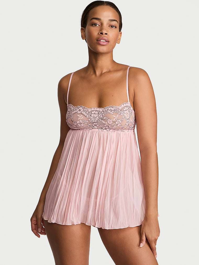 Dare to Dream Lace Pleated Babydoll Set - Angel Pink