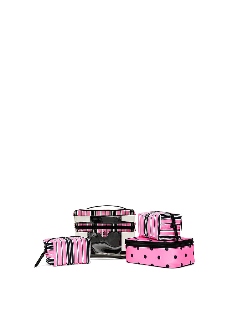 4-Piece Makeup Bag - Pink and Black Stripe