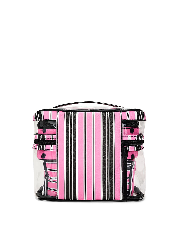 4-Piece Makeup Bag - Pink and Black Stripe