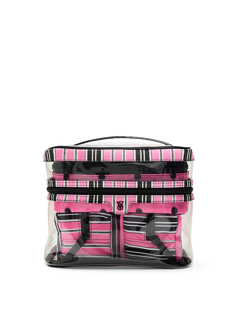 4-Piece Makeup Bag - Pink and Black Stripe