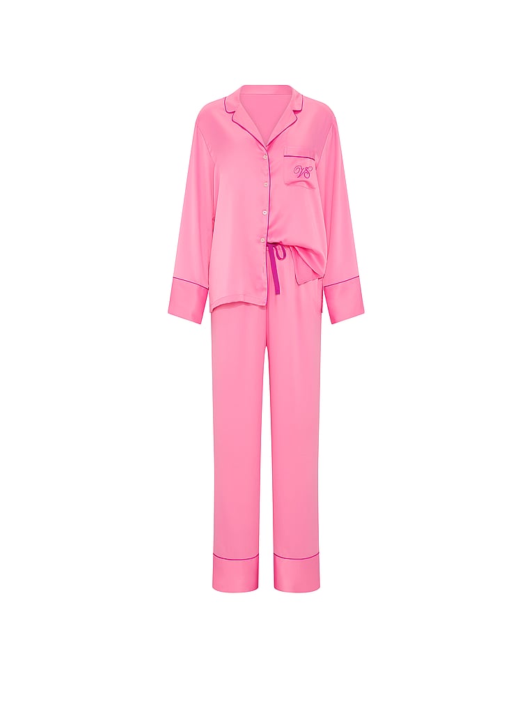 Signature Satin Long Pajama Set - Sexy Little Pink & Pink Fire