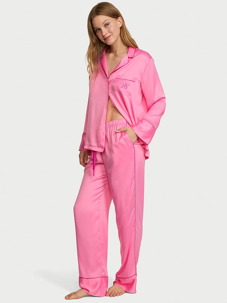 Signature Satin Long Pajama Set - Sexy Little Pink & Pink Fire