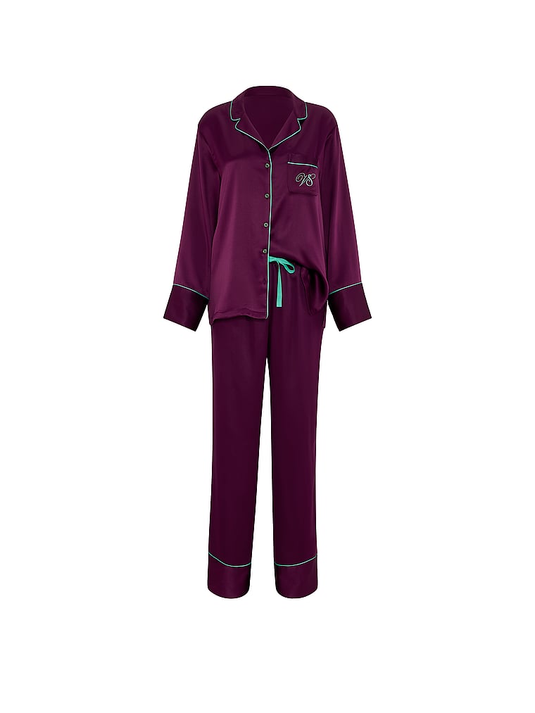 Signature Satin Long Pajama Set - Party On Purple & Scuba Blue