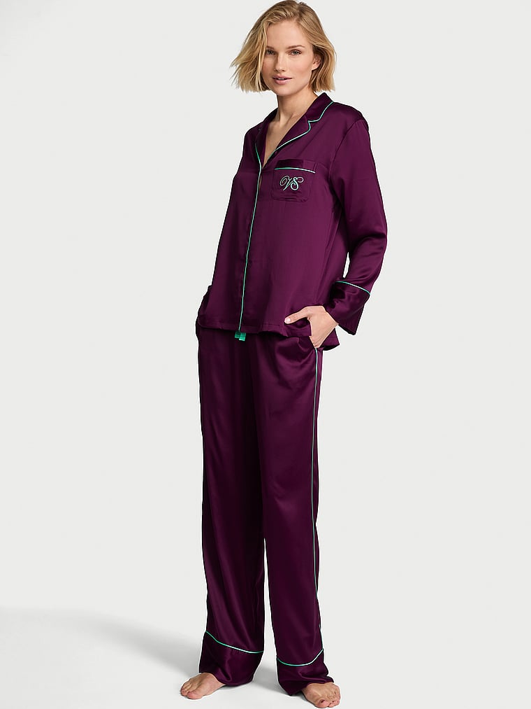Signature Satin Long Pajama Set - Party On Purple & Scuba Blue