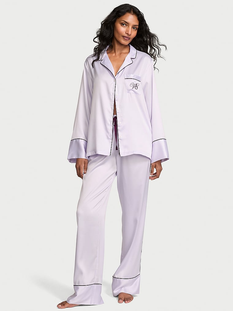 Signature Satin Long Pajama Set - Purple Whisper & Party On Purple