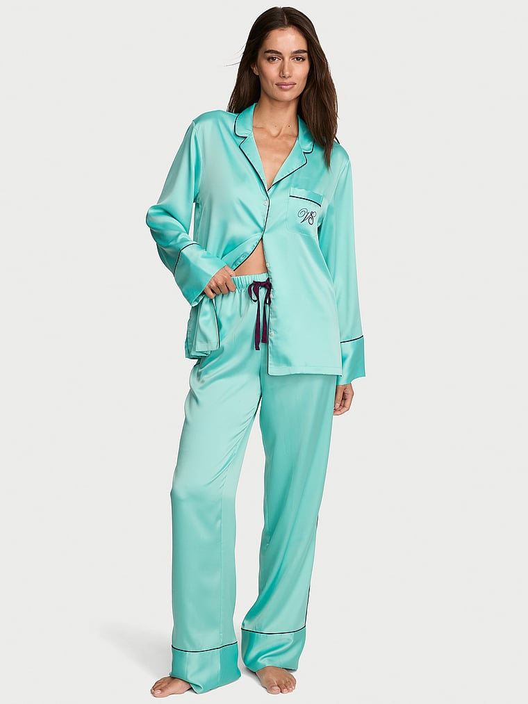 Signature Satin Long Pajama Set - Scuba Blue & Party On Purple