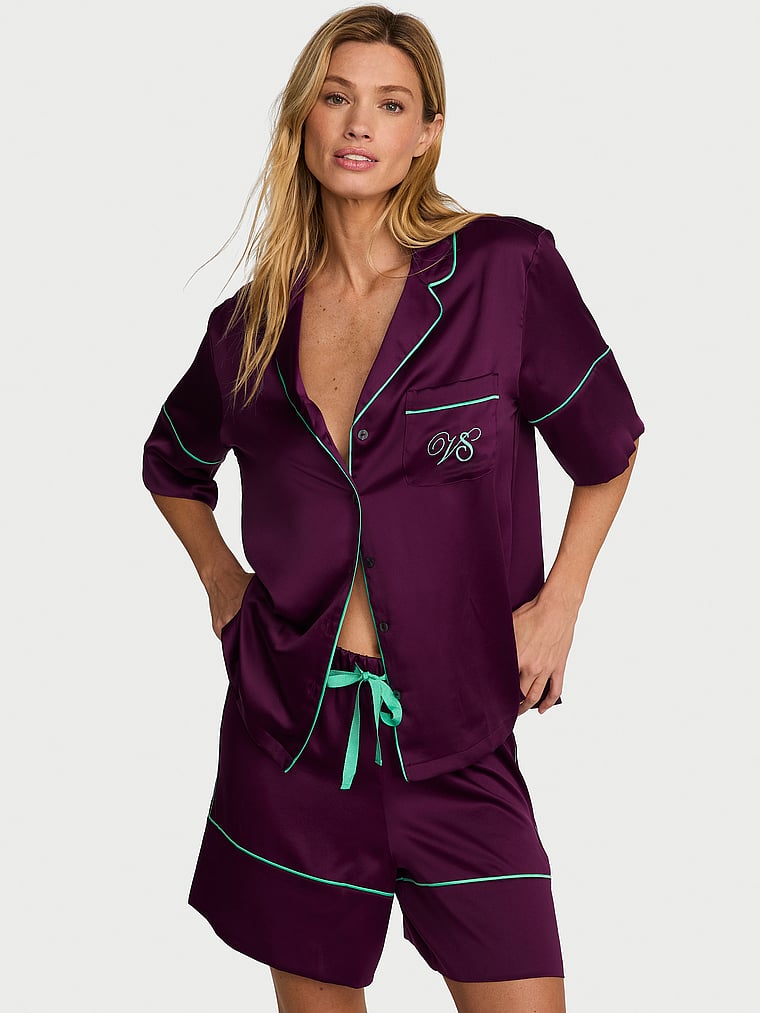 Signature Satin Short Pajama Set - Party On Purple & Scuba Blue
