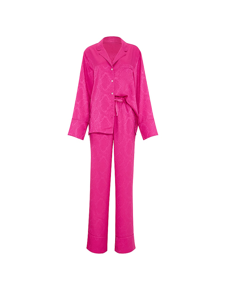 Signature Satin Long Pajama Set - Pink Fire