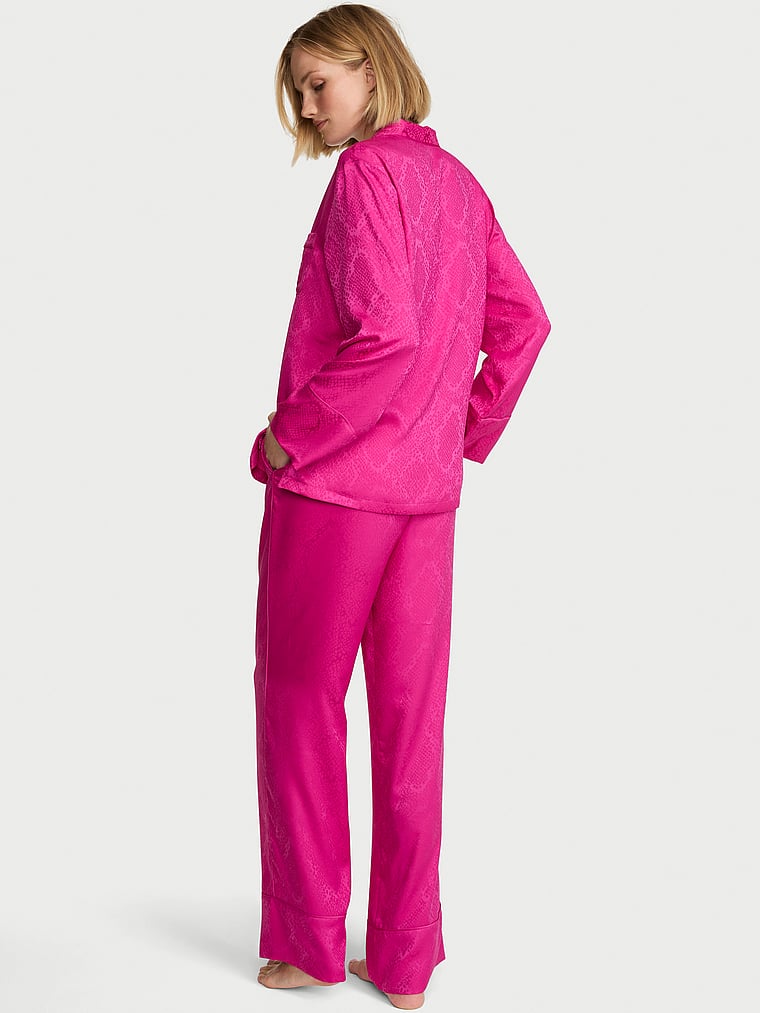 Signature Satin Long Pajama Set - Pink Fire