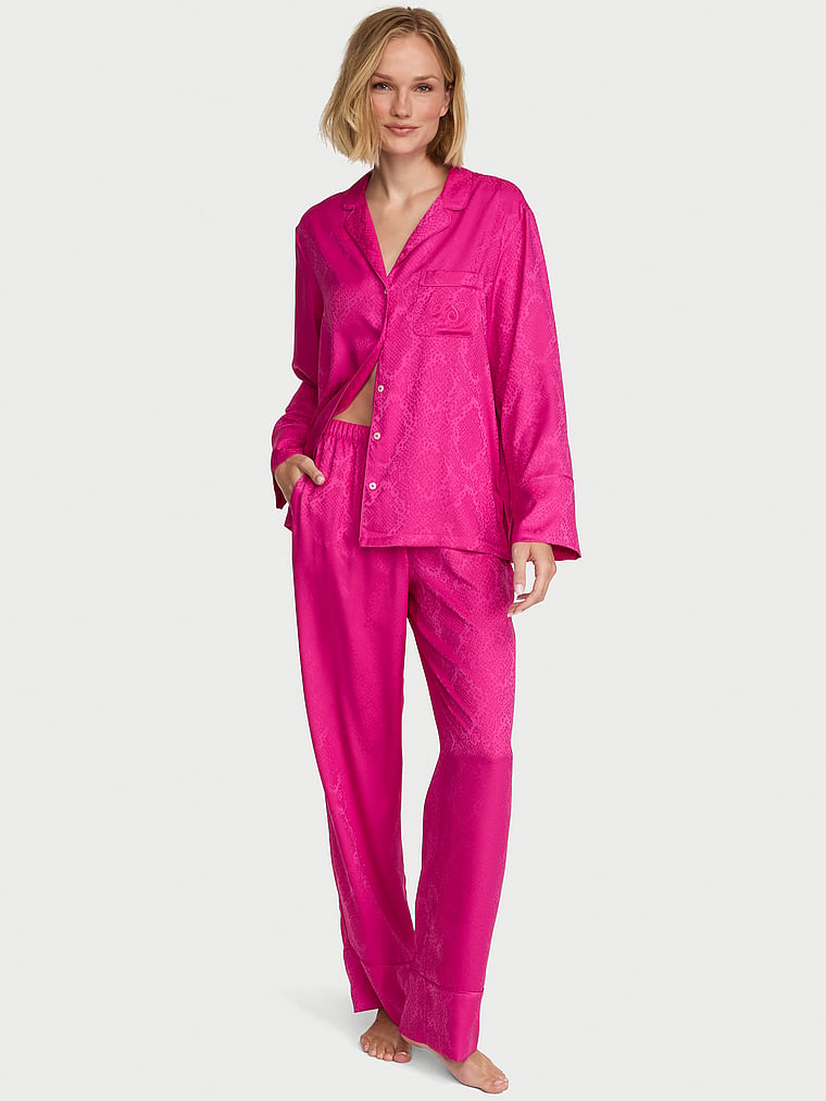 Signature Satin Long Pajama Set - Pink Fire