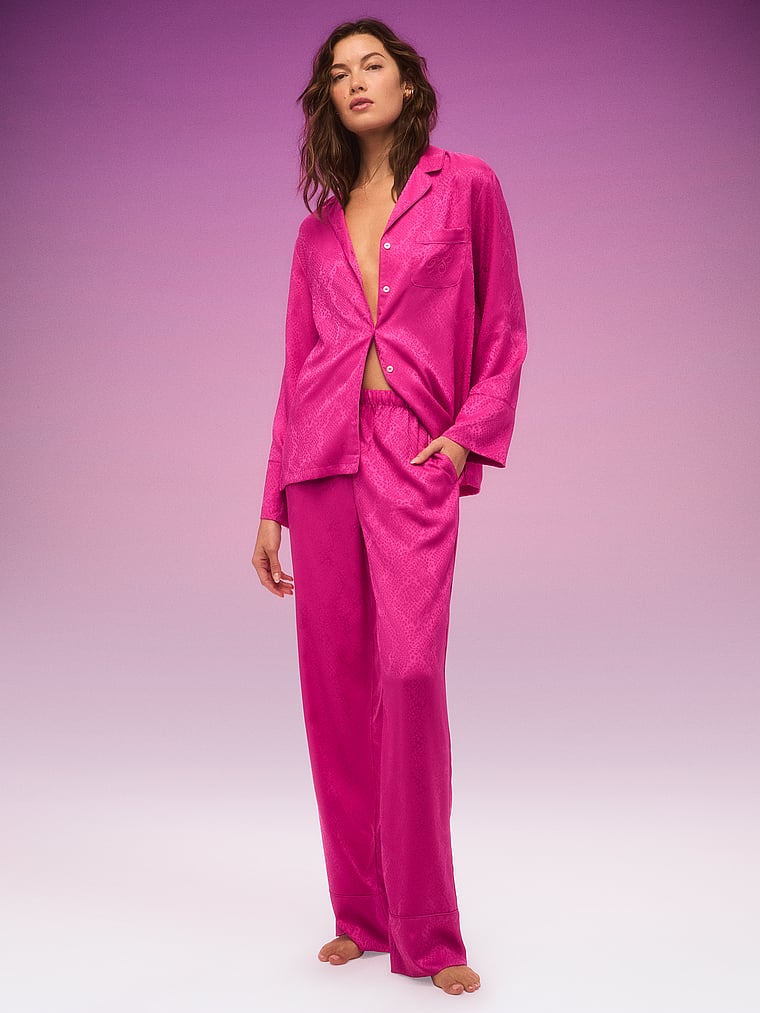 Signature Satin Long Pajama Set - Pink Fire