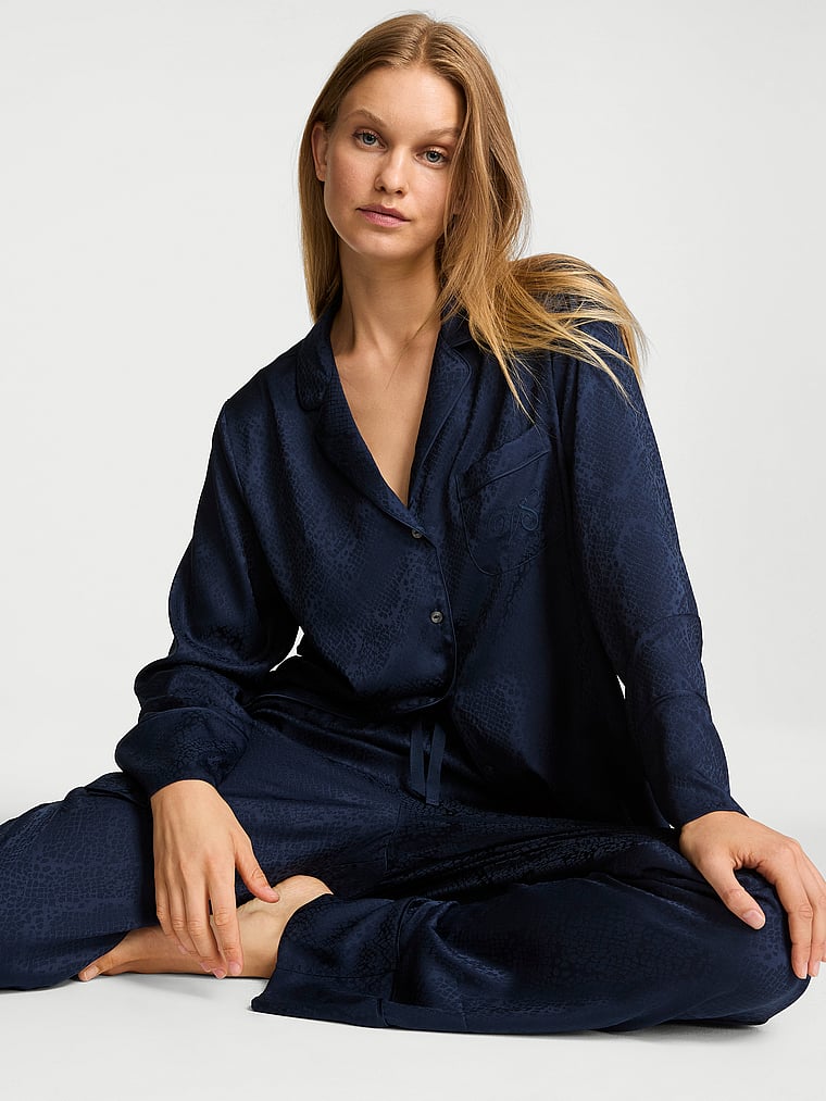 Signature Satin Long Pajama Set - Noir Navy