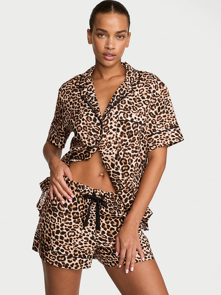 CozyFlannel™ Short Pajama Set - Vintage Tan Leopard