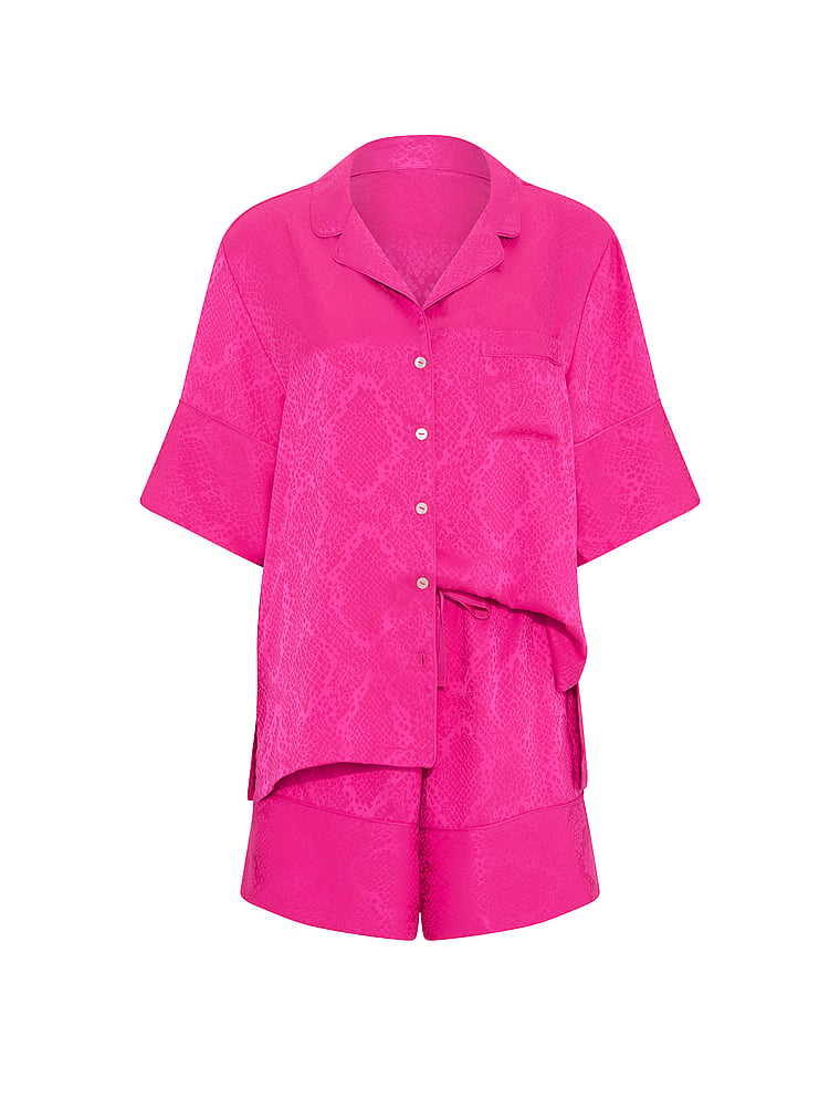 Signature Satin Short Pajama Set - Pink Fire