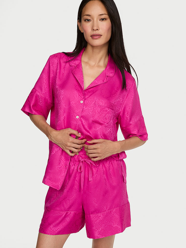 Signature Satin Short Pajama Set - Pink Fire