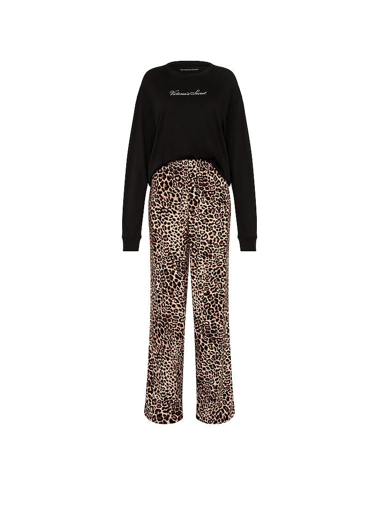 CozyFlannel™ Long Tee-Jama & Scrunchie Set - Black & Leopard