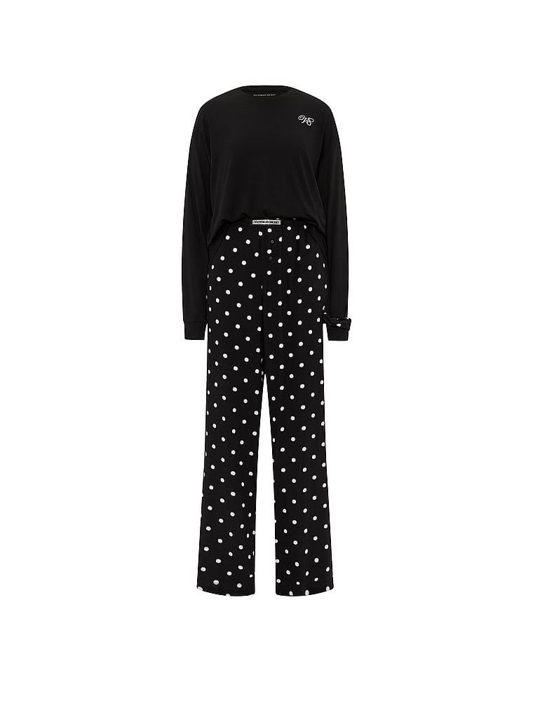 CozyFlannel™ Long Tee-Jama & Scrunchie Set - Black & White Dots
