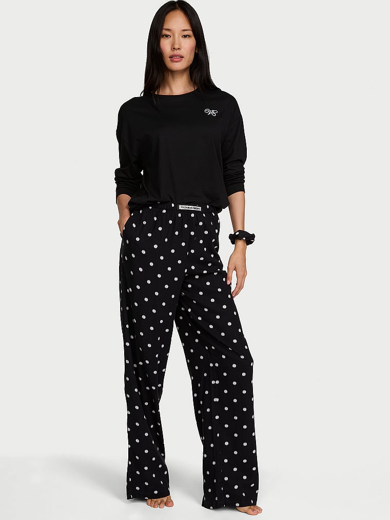 CozyFlannel™ Long Tee-Jama & Scrunchie Set - Black & White Dots