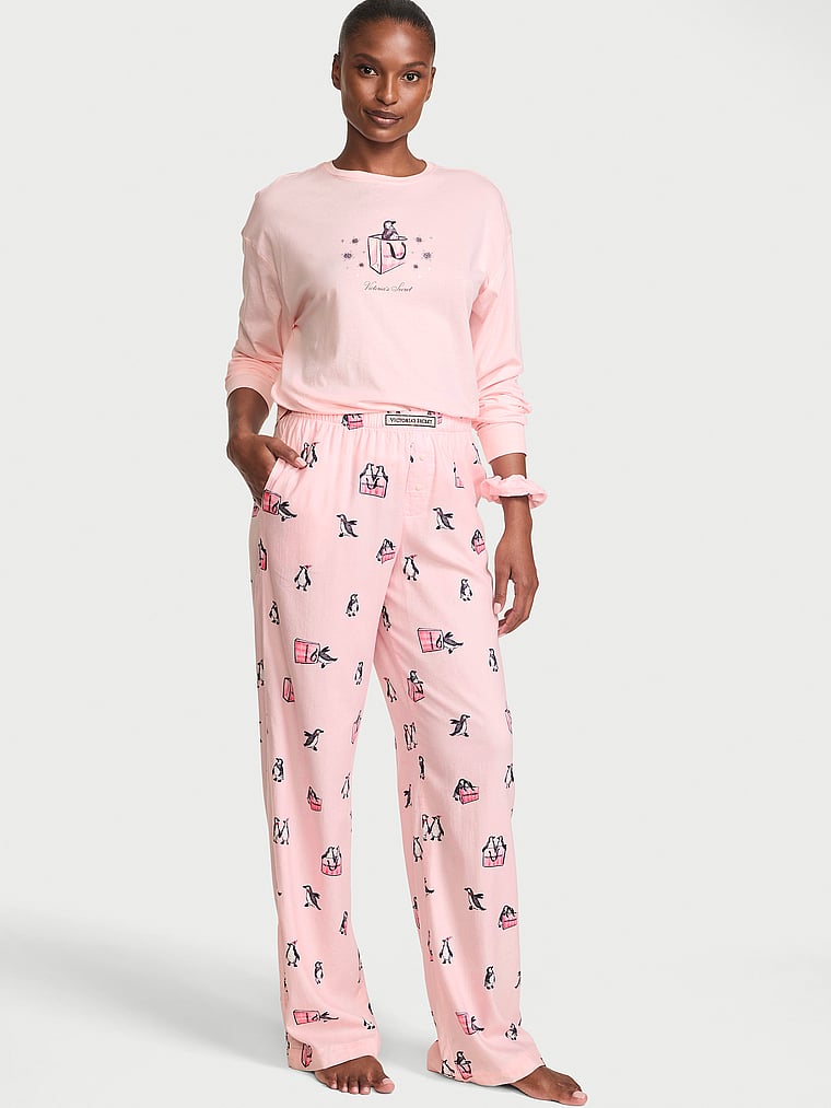 CozyFlannel™ Long Tee-Jama & Scrunchie Set - Angel Pink Penguins