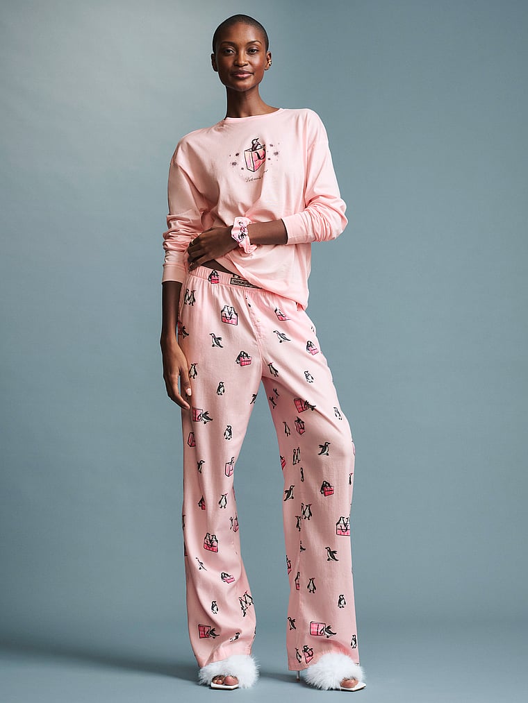 CozyFlannel™ Long Tee-Jama & Scrunchie Set - Angel Pink Penguins