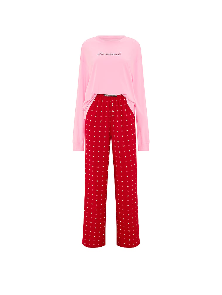 CozyFlannel™ Long Tee-Jama & Scrunchie Set - Pink & Lipstick Dots