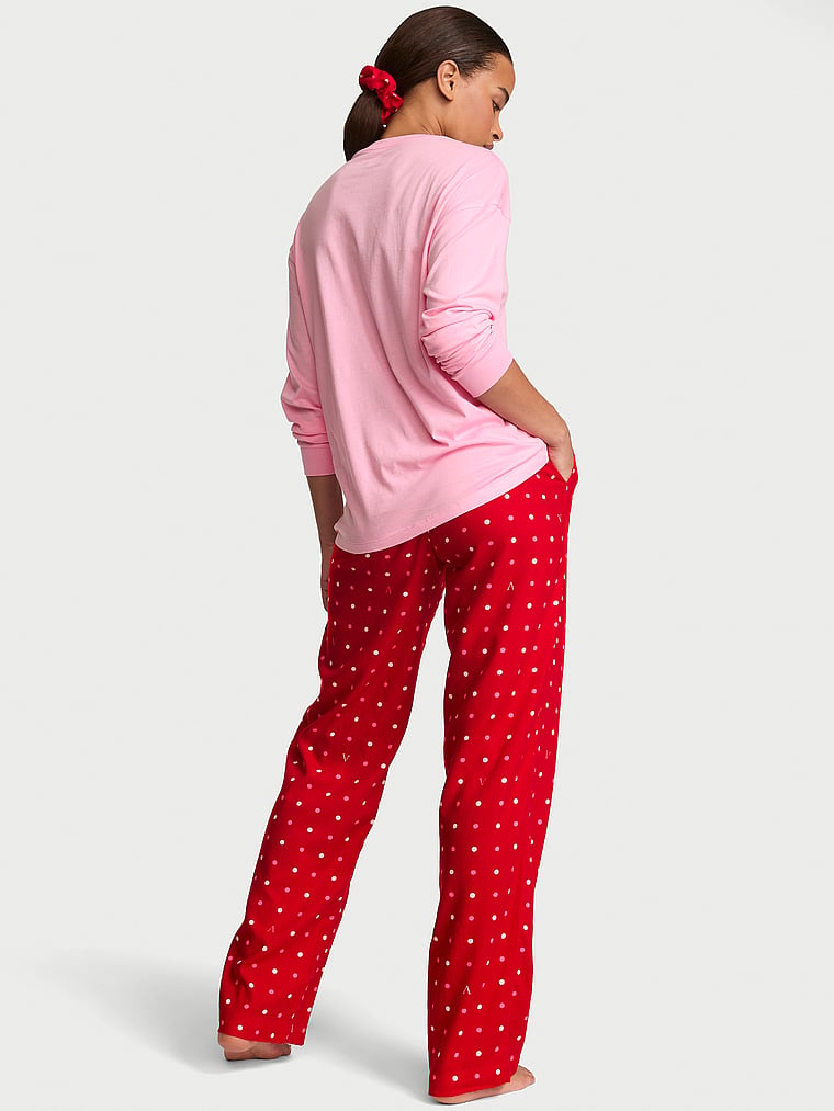 CozyFlannel™ Long Tee-Jama & Scrunchie Set - Pink & Lipstick Dots