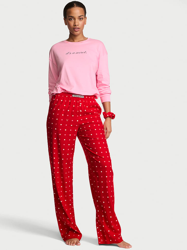 CozyFlannel™ Long Tee-Jama & Scrunchie Set - Pink & Lipstick Dots