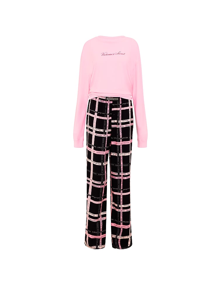 CozyFlannel™ Long Tee-Jama & Scrunchie Set - Pink & Black Logo Plaid