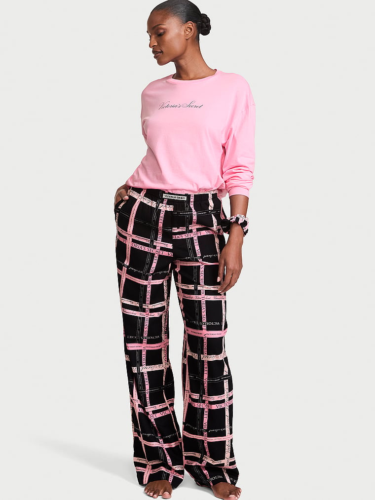 CozyFlannel™ Long Tee-Jama & Scrunchie Set - Pink & Black Logo Plaid