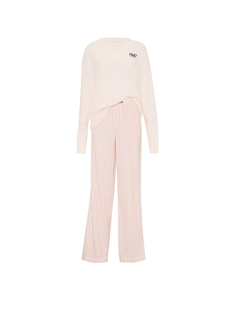 CozyFlannel™ Long Tee-Jama & Scrunchie Set - White & Pink Shimmer Heritage Stripes