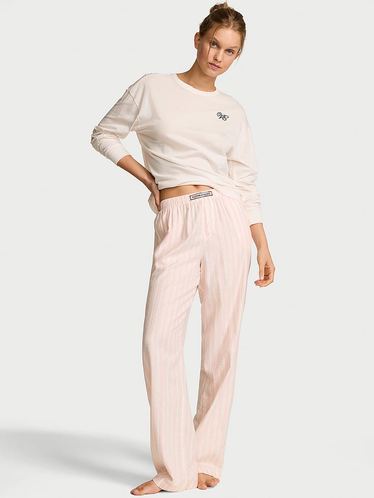 CozyFlannel™ Long Tee-Jama & Scrunchie Set - White & Pink Shimmer Heritage Stripes