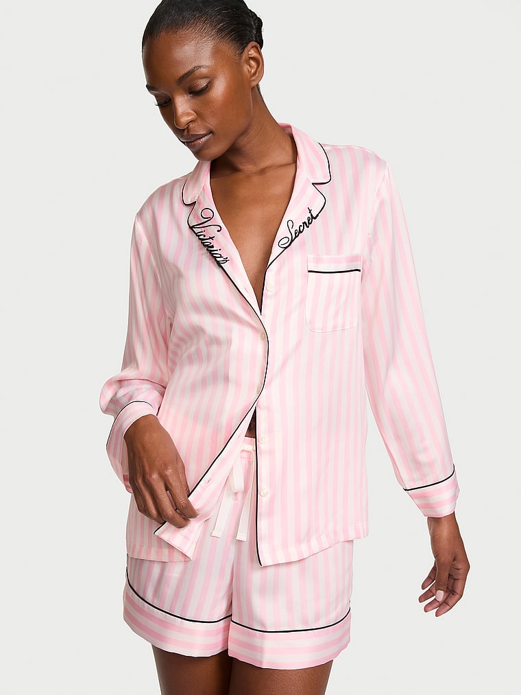 Signature Satin Long-Sleeve Short Pajama Set
