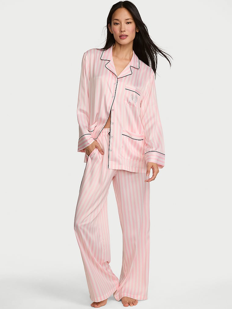 Signature Satin Luxe Long Pajama Set - Iconic Pink Stripes