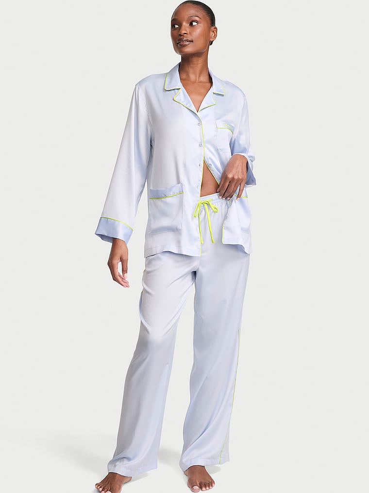 Signature Satin Luxe Long Pajama Set - Icicle Blue