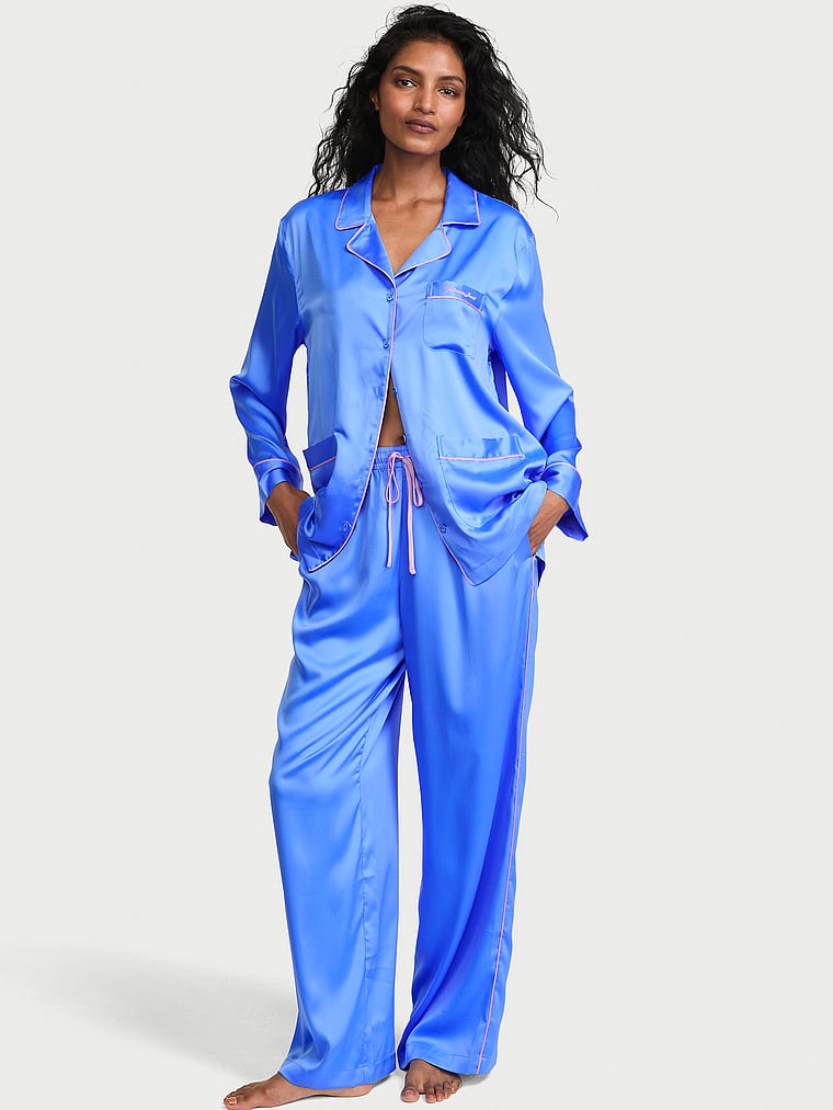 Signature Satin Luxe Long Pajama Set - Dream On Blue