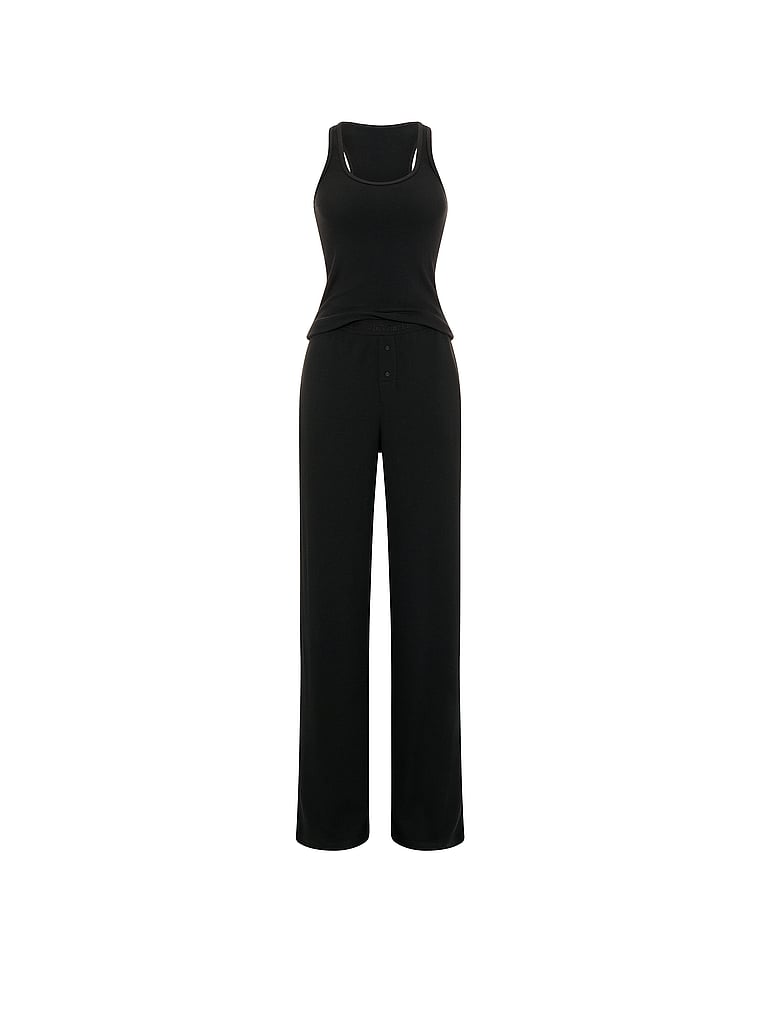 Waffle Knit Tank & Pant Pajama Set - Black