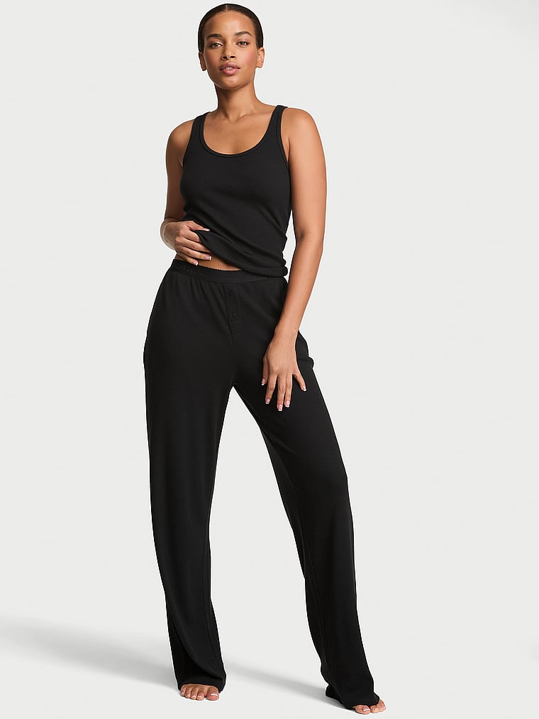 Waffle Knit Tank & Pant Pajama Set - Black