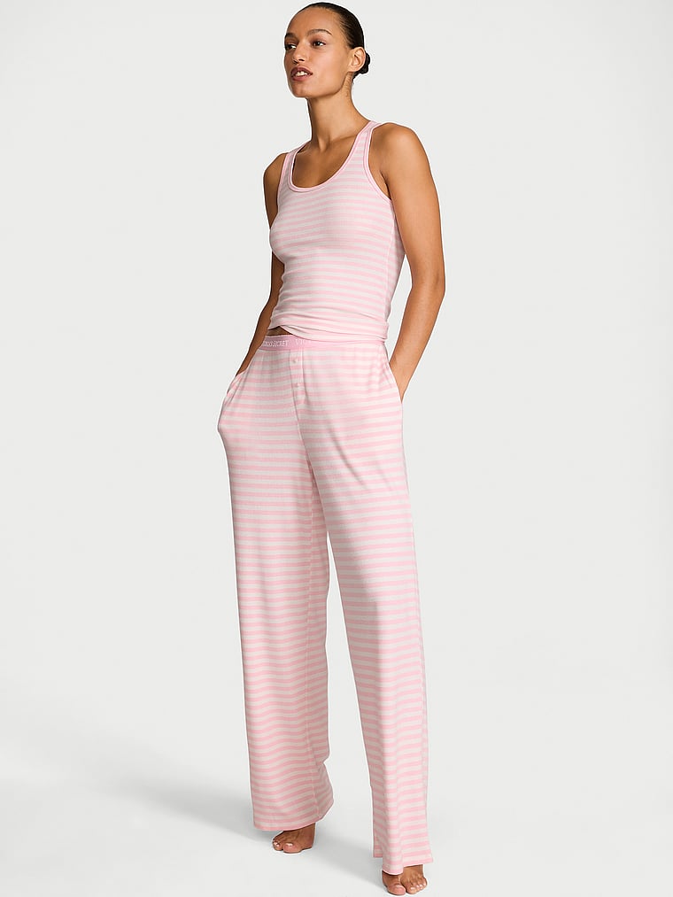 Waffle Knit Tank & Pant Pajama Set - Iconic Pink Stripes