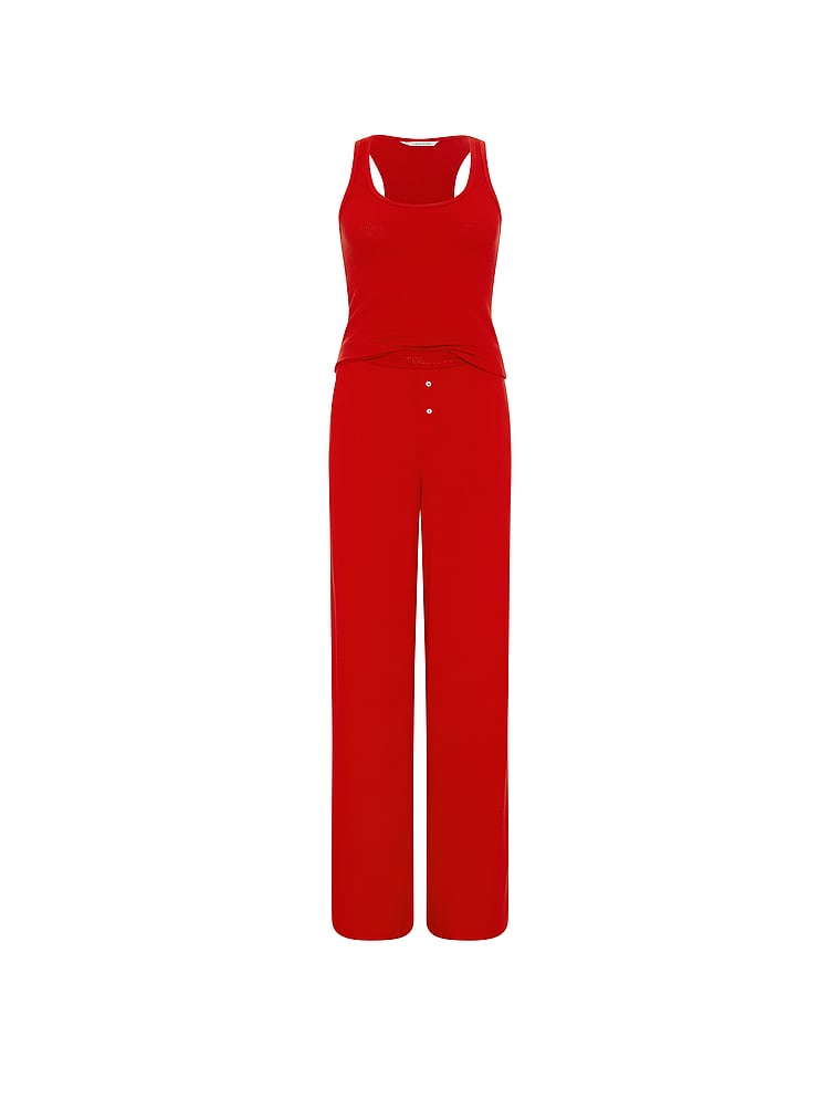 Waffle Knit Tank & Pant Pajama Set - Lipstick