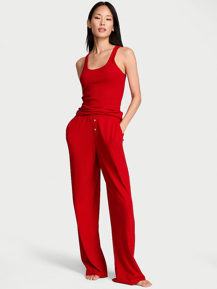 Waffle Knit Tank & Pant Pajama Set - Lipstick